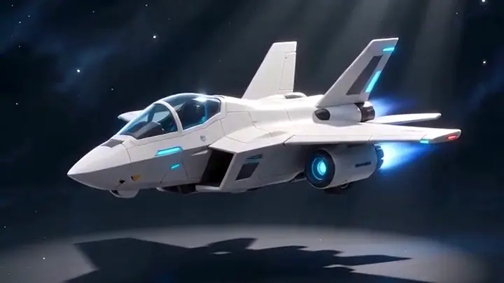 A white fighter jet climbing through a starlit sky