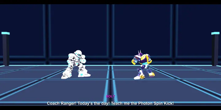 Two robots talking in a training hall, subtitled